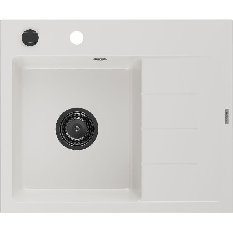 Mexen Ben jednokomorový granitový drez s odkvapkávačom, ľavý 600 x 500 mm, biely, čierny sifón - 6522605000-20-B