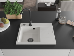 Mexen Ben jednokomorový granitový drez s odkvapkávačom, ľavý 600 x 500 mm, biely, čierny sifón - 6522605000-20-B