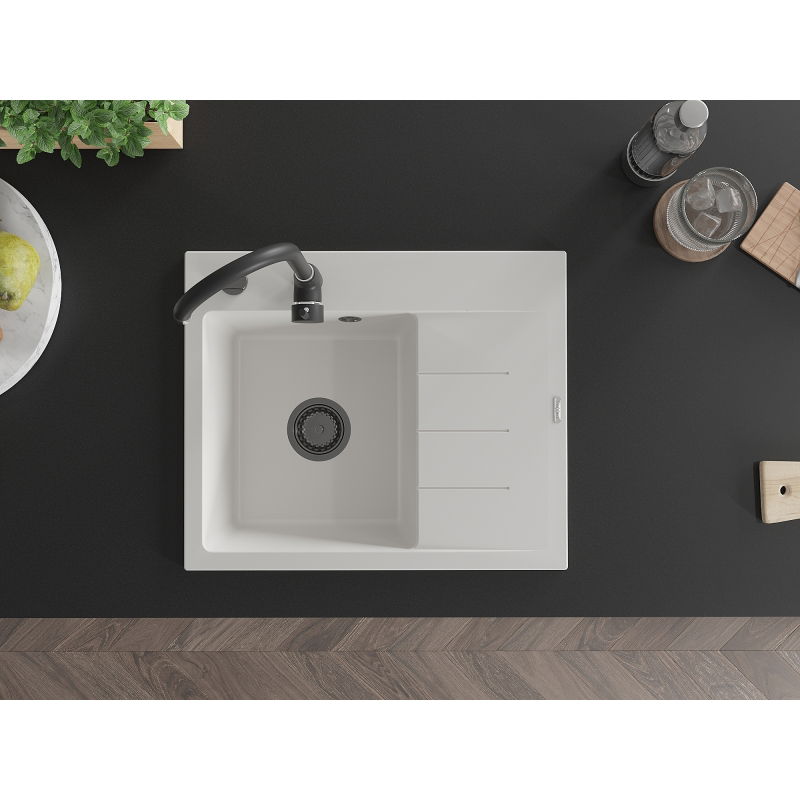 Mexen Ben jednokomorový granitový drez s odkvapkávačom, ľavý 600 x 500 mm, biely, čierny sifón - 6522605000-20-B