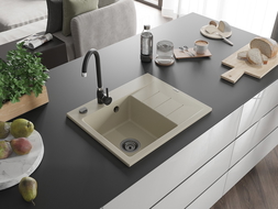 Mexen Ben granitový drez s 1 komorou a odkvapkávačom, ľavý 600 x 500 mm, béžový, sifón čierny - 6522605000-69-B