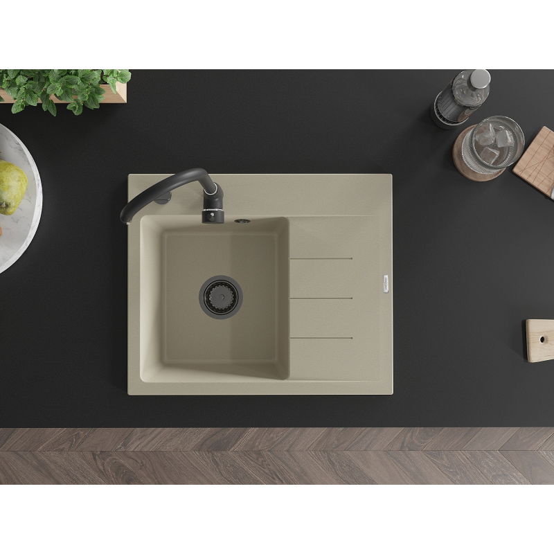 Mexen Ben granitový drez s 1 komorou a odkvapkávačom, ľavý 600 x 500 mm, béžový, sifón čierny - 6522605000-69-B