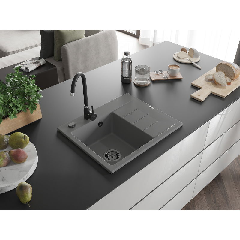 Mexen Ben žulový drez 1-komorový s odkvapkávačom, ľavý 600 x 500 mm, sivý, sifón čierny - 6522605000-71-B