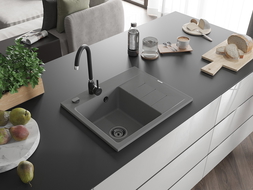 Mexen Ben žulový drez 1-komorový s odkvapkávačom, ľavý 600 x 500 mm, sivý, sifón čierny - 6522605000-71-B