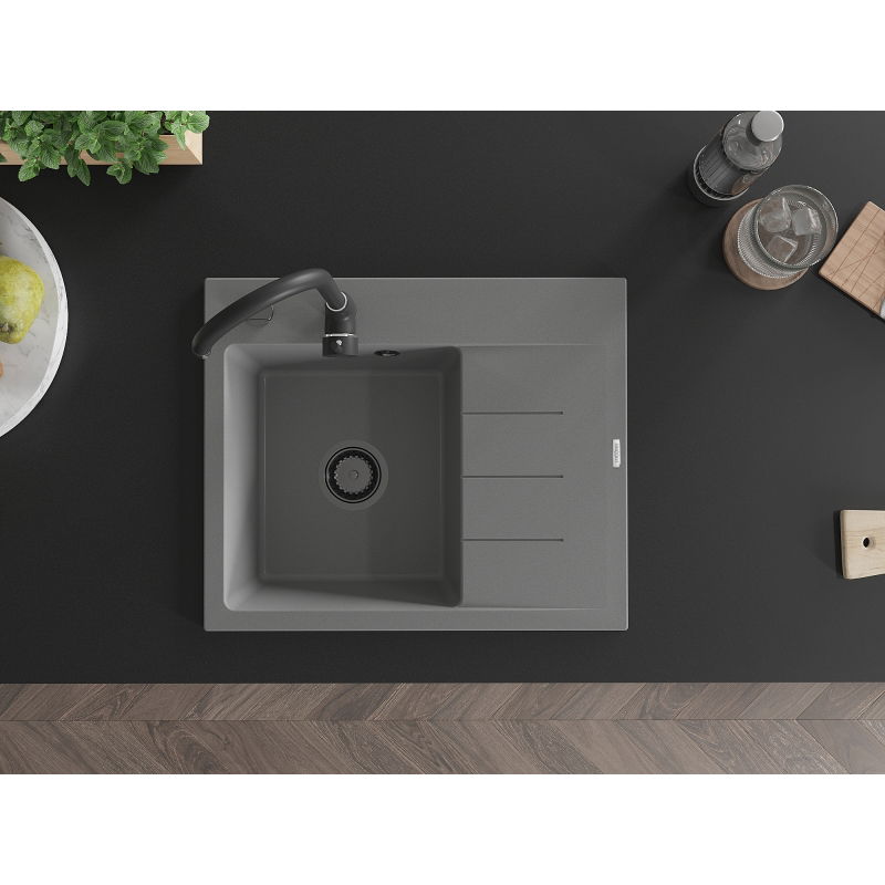 Mexen Ben žulový drez 1-komorový s odkvapkávačom, ľavý 600 x 500 mm, sivý, sifón čierny - 6522605000-71-B