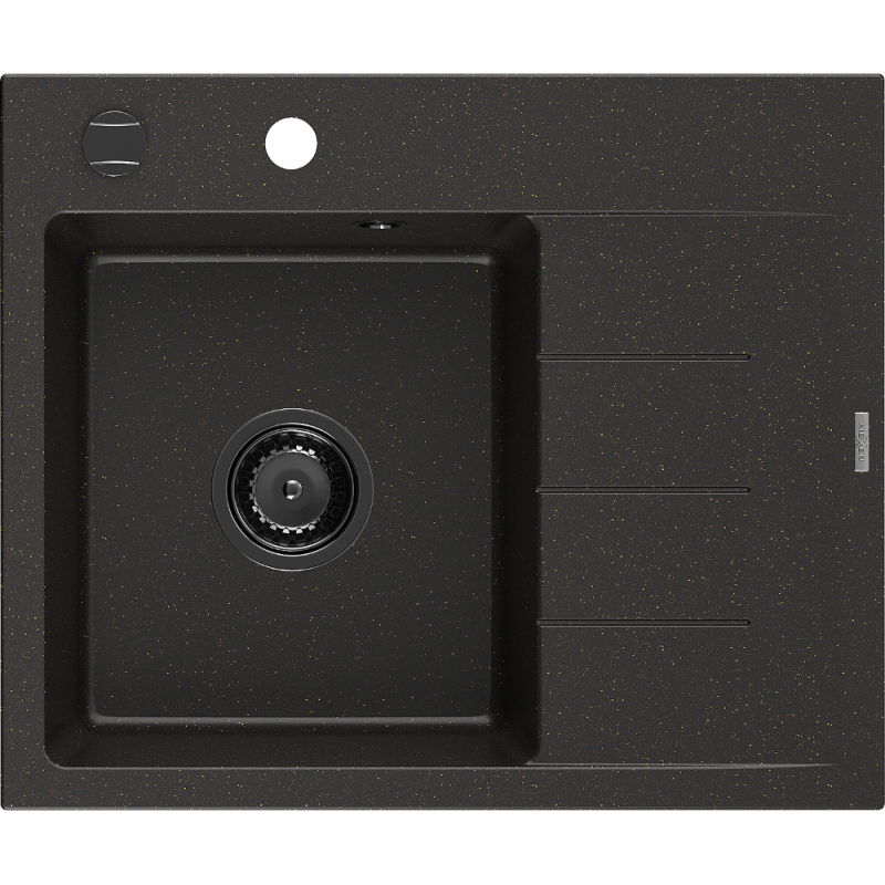 Mexen Ben jednokomorový žulový drez s odkvapkávačom, ľavý 600 x 500 mm, čierny/zlatý metalik, čierny sifón