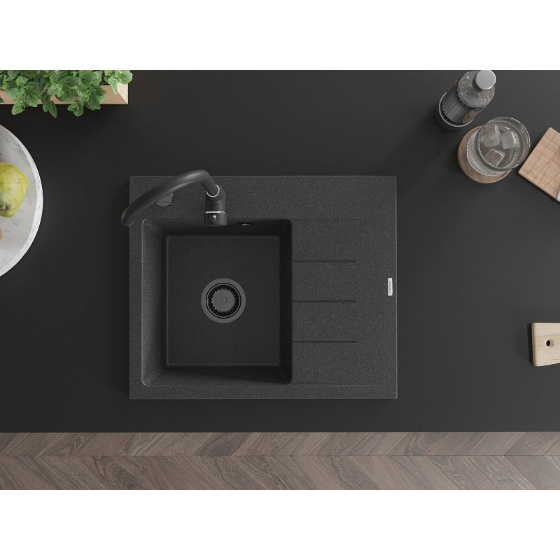 Mexen Ben granitový drez s 1 komorou a odkvapkávačom, ľavý 600 x 500 mm, čierny bodkovaný, čierny sifón