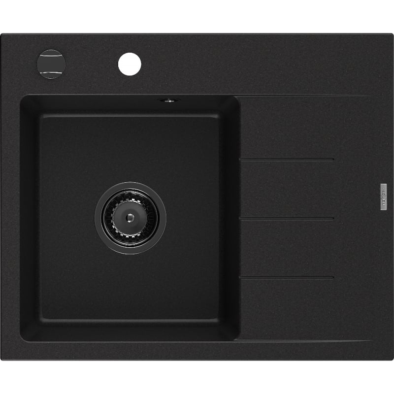 Mexen Ben granitový drez s 1 komorou a odkvapom, ľavý 600 x 500 mm, čierny, čierny sifón - 6522605000-77-B