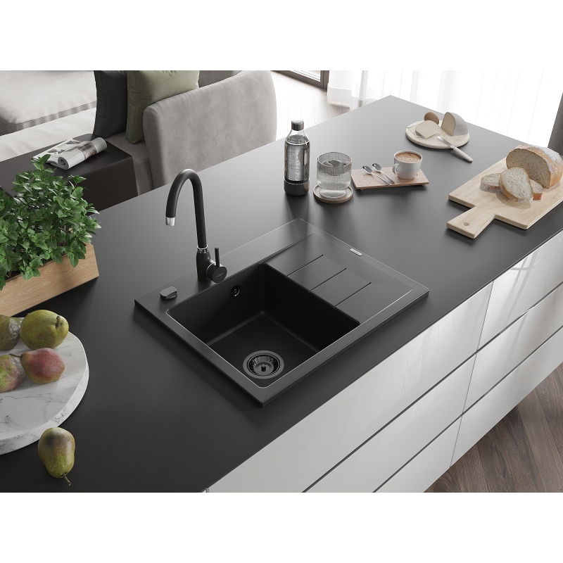 Mexen Ben granitový drez s 1 komorou a odkvapom, ľavý 600 x 500 mm, čierny, čierny sifón - 6522605000-77-B