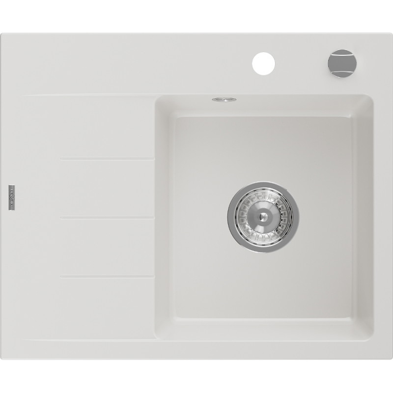 Mexen Ben Granitový kuchynský drez 1-komorový s odkvapkávačom, pravý 600 x 500 mm, biely, chrómový sifón