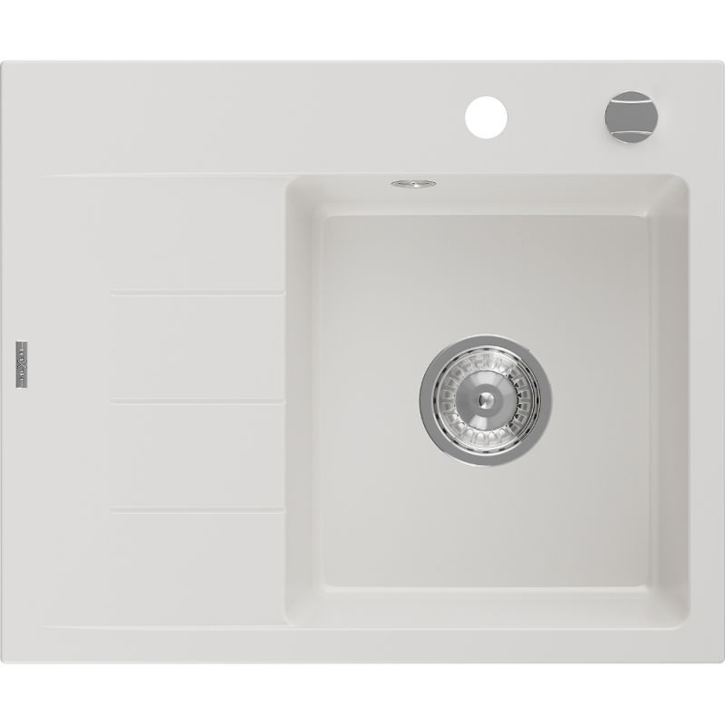Mexen Ben žulový drez s 1 komorou a pravým odkvapkávacím priestorom 600 x 500 mm, biely, chrómová sifón - 6523605000-20
