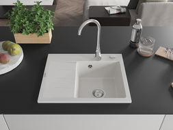 Mexen Ben Granitový kuchynský drez 1-komorový s odkvapkávačom, pravý 600 x 500 mm, biely, chrómový sifón