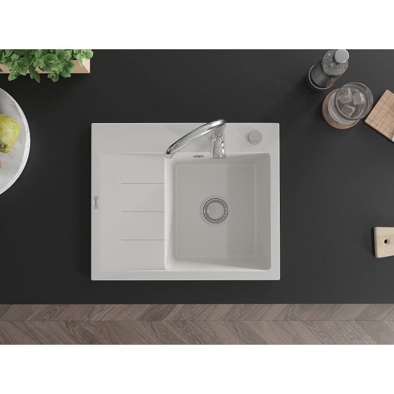 Mexen Ben Granitový kuchynský drez 1-komorový s odkvapkávačom, pravý 600 x 500 mm, biely, chrómový sifón