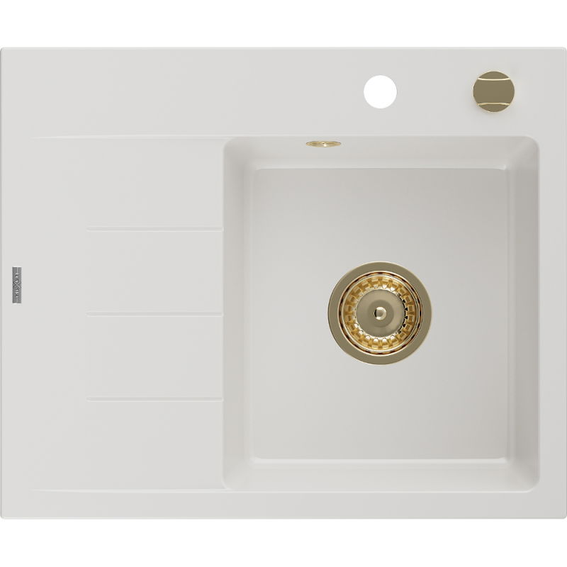 Mexen Ben granitový drez 1-komorový s odkvapkávačom, pravý 600 x 500 mm, biely, sifón zlatý - 6523605000-20-G