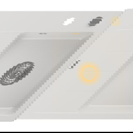 Mexen Ben granitový drez 1-komorový s odkvapkávačom, pravý 600 x 500 mm, biely, sifón zlatý - 6523605000-20-G