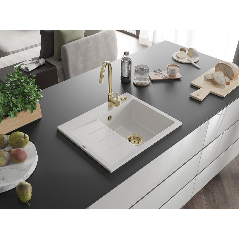 Mexen Ben granitový drez 1-komorový s odkvapkávačom, pravý 600 x 500 mm, biely, sifón zlatý - 6523605000-20-G