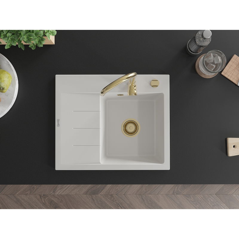 Mexen Ben granitový drez 1-komorový s odkvapkávačom, pravý 600 x 500 mm, biely, sifón zlatý - 6523605000-20-G