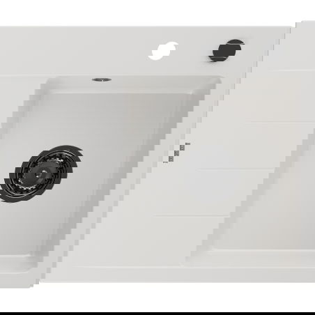 Mexen Ben granitový drez 1-komorový s odkvapkávačom, pravý 600 x 500 mm, biely, čierny sifón - 6523605000-20-B