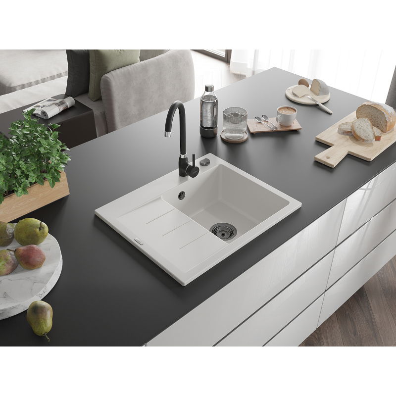 Mexen Ben granitový drez 1-komorový s odkvapkávačom, pravý 600 x 500 mm, biely, čierny sifón - 6523605000-20-B