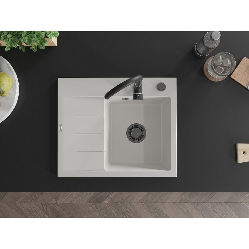 Mexen Ben granitový drez 1-komorový s odkvapkávačom, pravý 600 x 500 mm, biely, čierny sifón - 6523605000-20-B