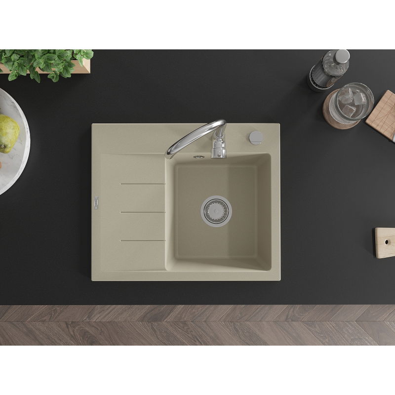 Mexen Ben granitový drez s 1-komorou a odkvapkávačom, pravý 600 x 500 mm, béžový, chrómový sifón - 6523605000-69