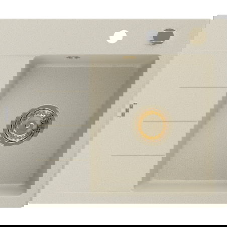 Mexen Ben jednodrezový žulový drez s odkvapkávacou plochou, pravý 600 x 500 mm, béžový, zlatý sifón - 6523605000-69-G