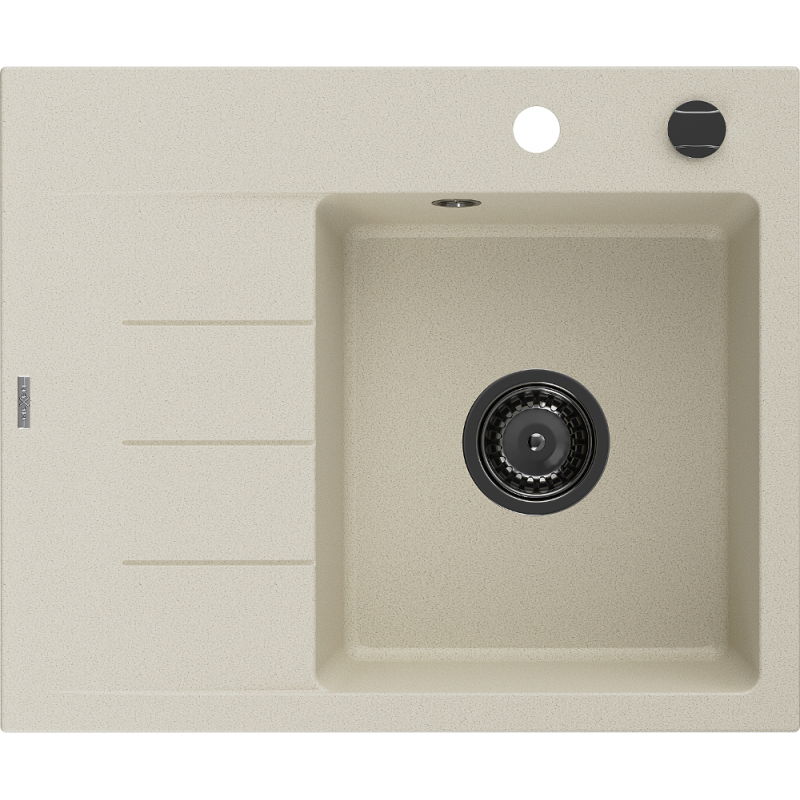 Mexen Ben granitový drez 1-komorový s odkvapkávačom, pravý 600 x 500 mm, béžový, čierny sifón - 6523605000-69-B
