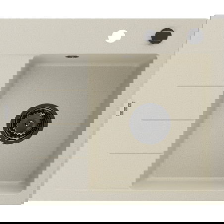 Mexen Ben granitový drez 1-komorový s odkvapkávačom, pravý 600 x 500 mm, béžový, čierny sifón - 6523605000-69-B