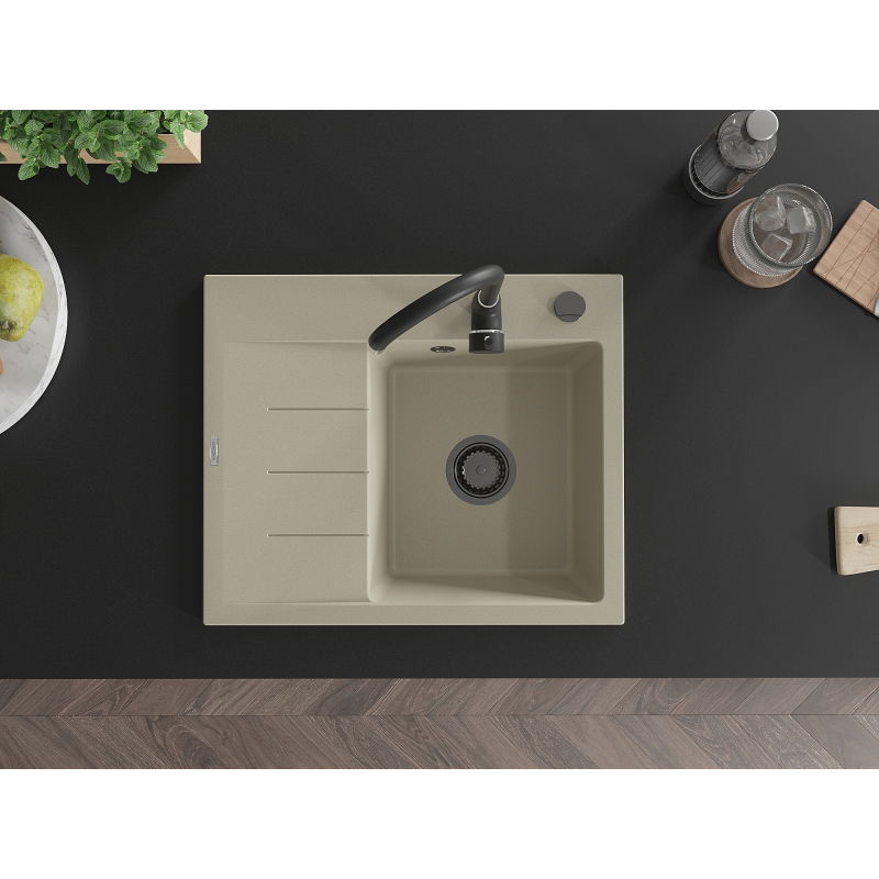 Mexen Ben granitový drez 1-komorový s odkvapkávačom, pravý 600 x 500 mm, béžový, čierny sifón - 6523605000-69-B