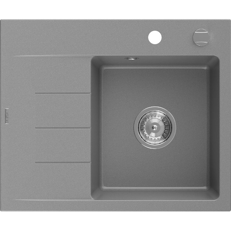 Mexen Ben granitový kuchynský drez 1-komorový s odkvapkávačom vpravo 600 x 500 mm, sivý, sifón chróm - 6523605000-71