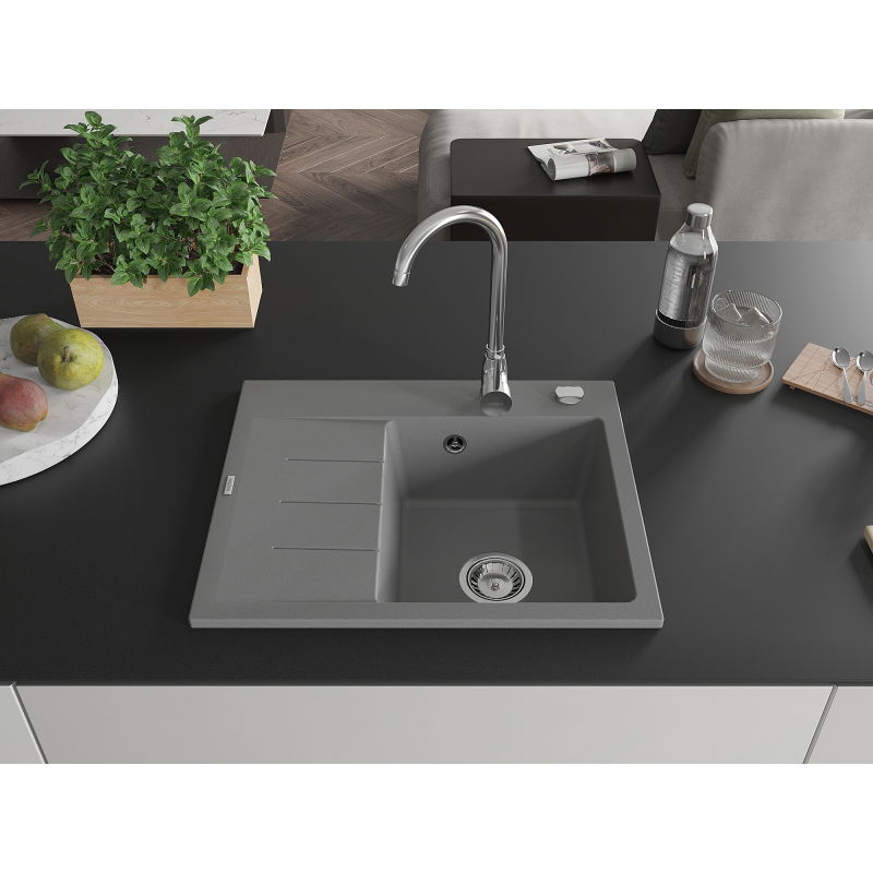 Mexen Ben granitový drez s 1 komorou a odkvapkávačom, pravý 600 x 500 mm, sivý, sifón chróm - 6523605000-71