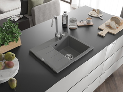 Mexen Ben granitový drez s 1 komorou a odkvapkávačom, pravý 600 x 500 mm, sivý, sifón chróm - 6523605000-71