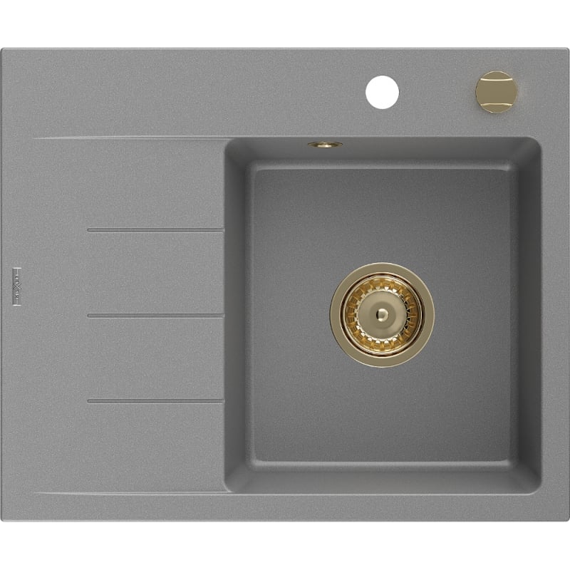 Mexen Ben jednodrezový žulový drez s odkvapkávačom, pravý 600 x 500 mm, sivý, zlatý sifón - 6523605000-71-G
