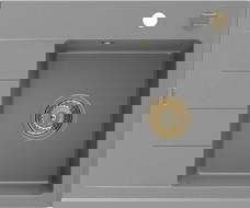 Mexen Ben jednodrezový žulový drez s odkvapkávačom, pravý 600 x 500 mm, sivý, zlatý sifón - 6523605000-71-G