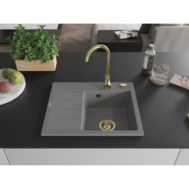 Mexen Ben jednodrezový žulový drez s odkvapkávačom, pravý 600 x 500 mm, sivý, zlatý sifón - 6523605000-71-G