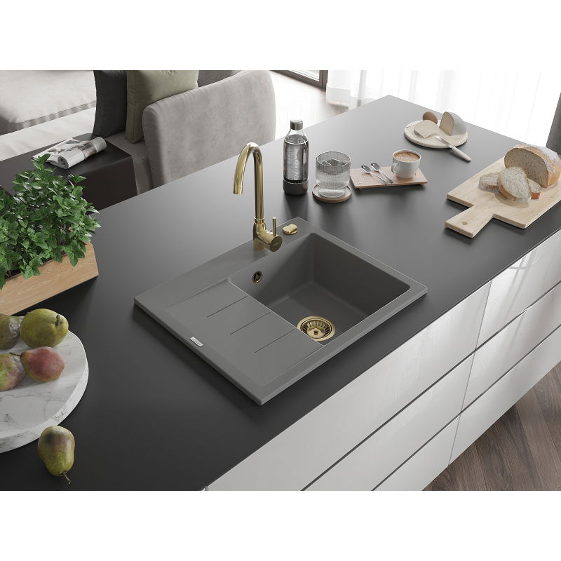 Mexen Ben jednodrezový žulový drez s odkvapkávačom, pravý 600 x 500 mm, sivý, zlatý sifón - 6523605000-71-G