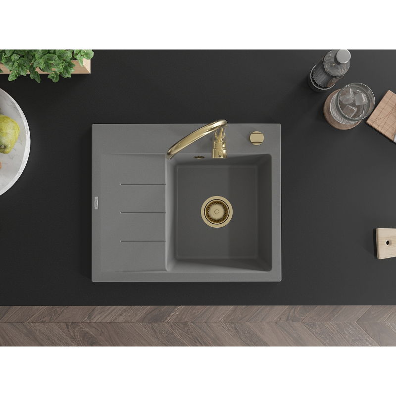 Mexen Ben jednodrezový žulový drez s odkvapkávačom, pravý 600 x 500 mm, sivý, zlatý sifón - 6523605000-71-G