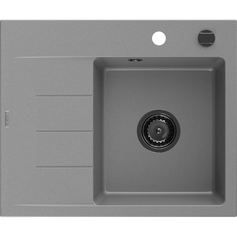 Mexen Ben granitový drez s odkvapkávacou plochou, pravý, 600 x 500 mm, sivý, sifón čierny - 6523605000-71-B