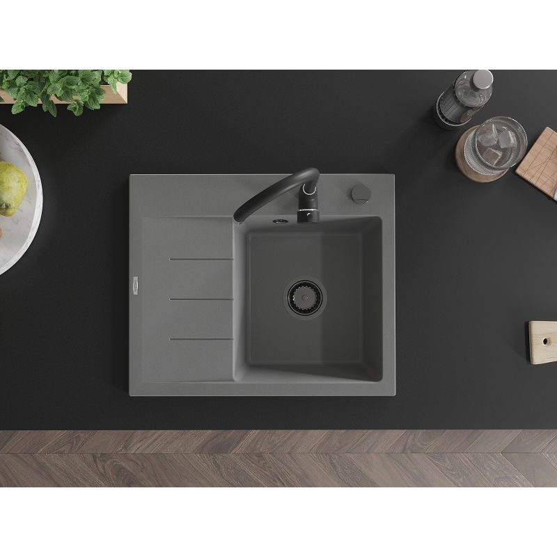 Mexen Ben granitový drez s odkvapkávacou plochou, pravý, 600 x 500 mm, sivý, sifón čierny - 6523605000-71-B