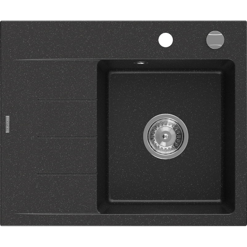 Mexen Ben granitový jednodrez s odkvapkávacou plochou, pravý 600 x 500 mm, čierny/strieborný metalický, chrómový sifón