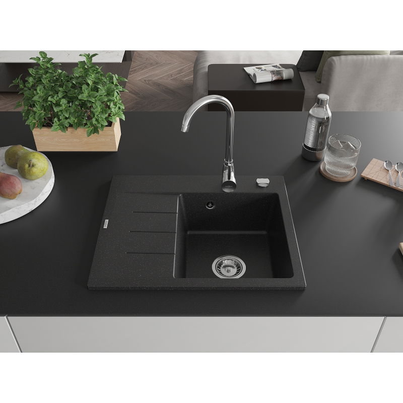 Mexen Ben granitový jednodrez s odkvapkávacou plochou, pravý 600 x 500 mm, čierny/strieborný metalický, chrómový sifón