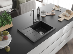 Mexen Ben žulový drez 1-komorový s odkvapkávačom pravý 600 x 500 mm, čierny/strieborný metalik, sifón chróm - 6523605000-73