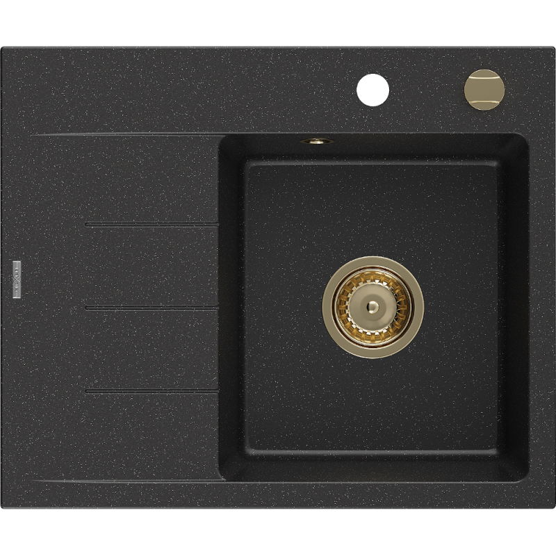 Mexen Ben granitový drez 1-komorový s odkvapkávačom pravý 600 x 500 mm čierny/strieborný metalik, sifón zlatý - 6523605000-73-G