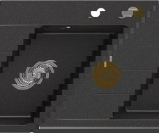 Mexen Ben granitový drez s 1 komorou a odkvapkávačom, pravý 600 x 500 mm čierny/strieborný metalik sifón zlatý