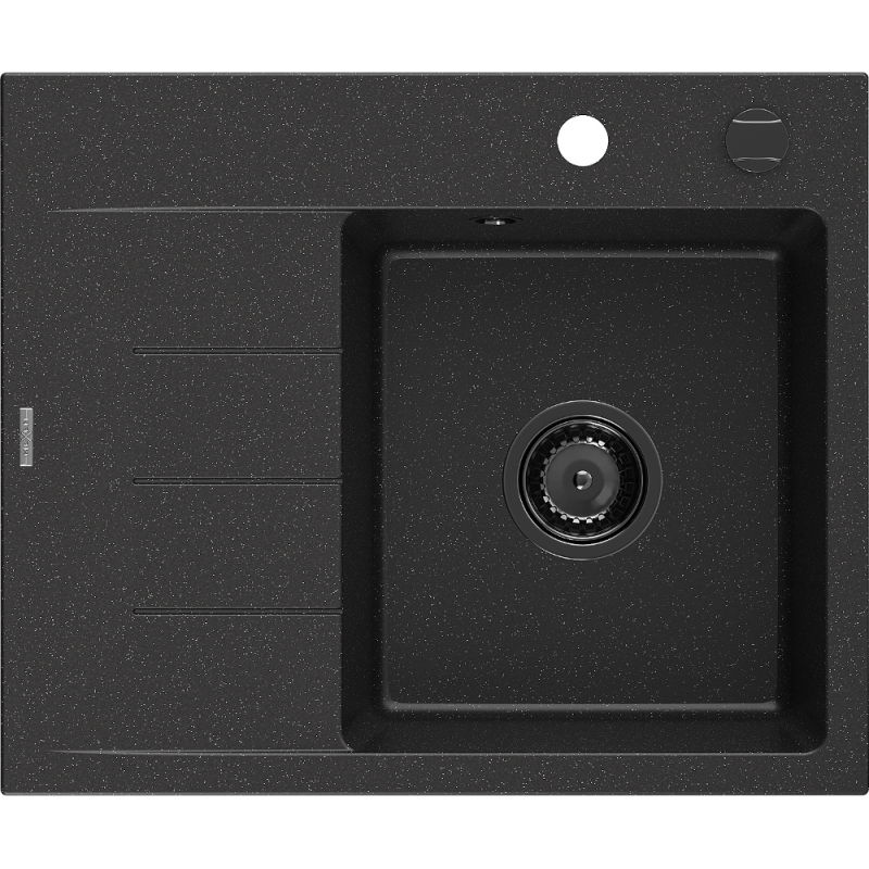 Mexen Ben Granitový drez 1-komorový s odkvapkávačom, pravý 600x500 mm, čierny/strieborný metalik, sifón čierny