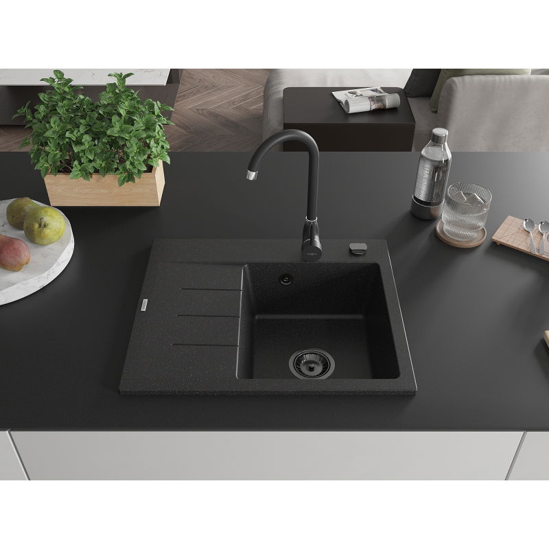 Mexen Ben Granitový drez 1-komorový s odkvapkávačom, pravý 600x500 mm, čierny/strieborný metalik, sifón čierny