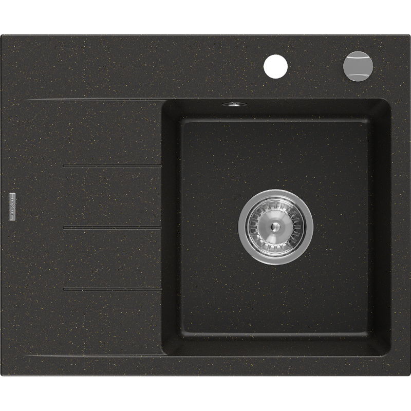 Mexen Ben granitový drez 1-komorový s odkvapkávacou plochou, pravý 600 x 500 mm, čierny/zlatý metalický, sifón chróm