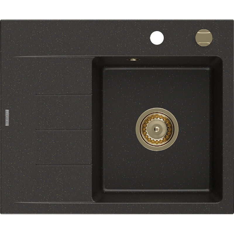 Mexen Ben granitový kuchynský drez s 1 komorou a odkvapkávačom, pravý 600 x 500 mm, čierny/zlatý metalický, sifón