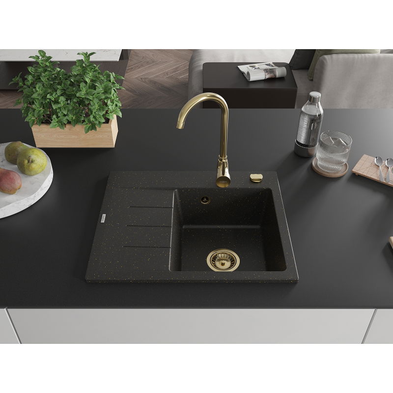 Mexen Ben granitový kuchynský drez s 1 komorou a odkvapkávačom, pravý 600 x 500 mm, čierny/zlatý metalický, sifón