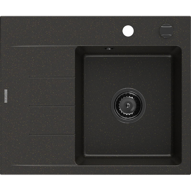 Mexen Ben Granitový drez s 1 komorou a odkvapkávačom, pravý 600 x 500 mm, čierny/zlatý metalik s čiernym sifónom