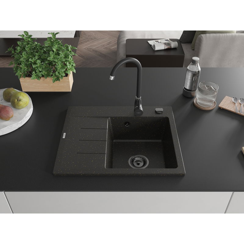 Mexen Ben Granitový drez s 1 komorou a odkvapkávačom, pravý 600 x 500 mm, čierny/zlatý metalik s čiernym sifónom